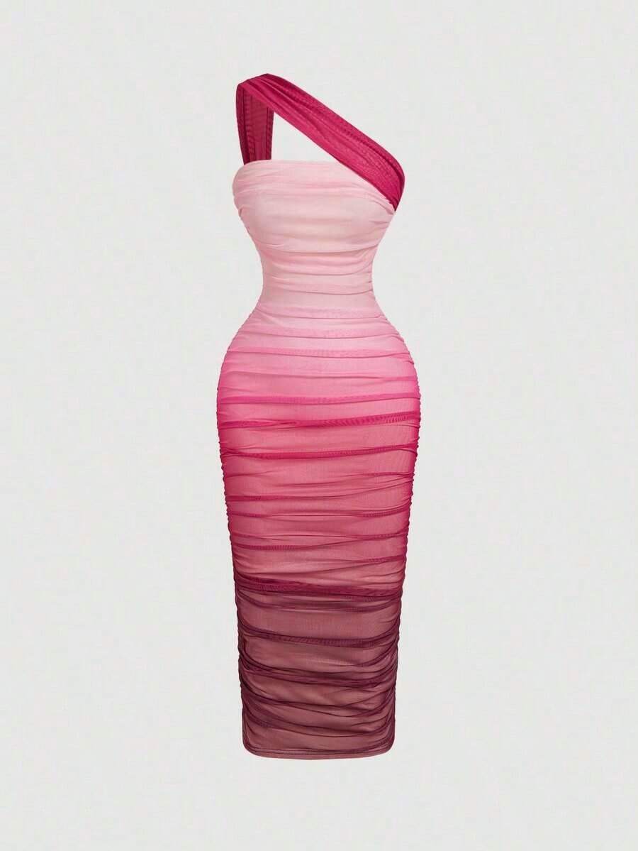Vestido de malla de longitud media con un hombro, fruncido y efecto ombré - Rosa Fucsia 2 - Ver 1