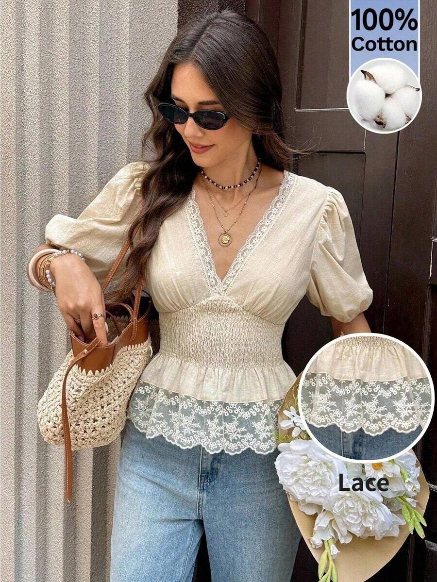 Blusa de mujer con pliegues, fruncido profundo y parches de encaje para vacaciones - Albaricoque - Ver 1