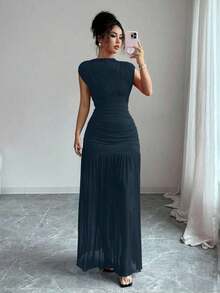 Nuevo vestido de moda de cuello alto sólido rojo sin mangas, con diseño sexy de malla calada y plisado en línea A, adecuado para fiesta de graduación, eventos festivos, citas - Azul marino - Ver 7