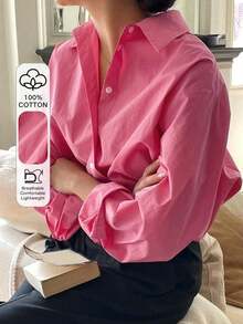 Camisa holgada de mujer de unicolor, de manga larga y de abotonadura sencilla - Rosa Fucsia - Ver 1