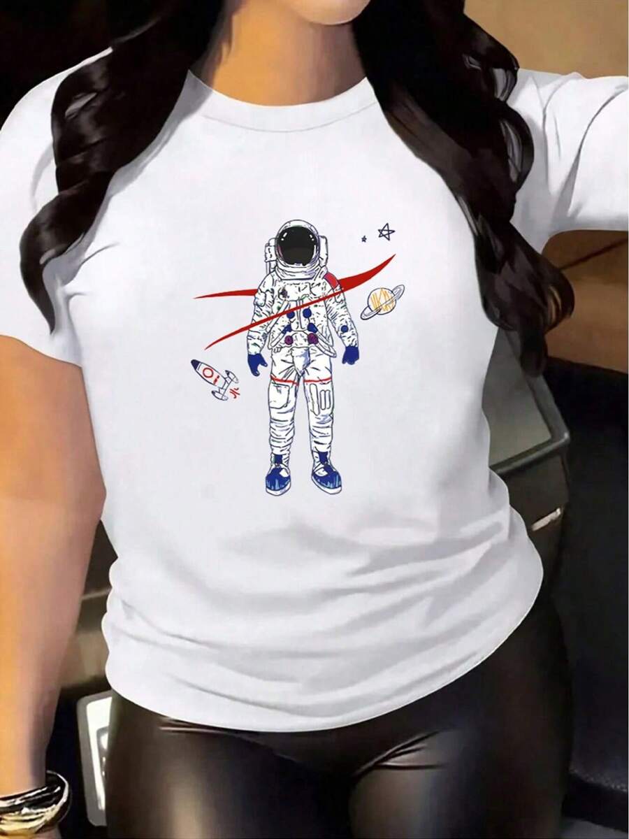 New Women's T-Shirt With Astronaut Graphics - White - View 1
