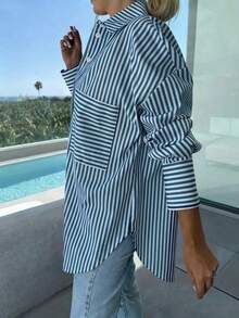 Camisa de mujer de talla grande con mangas de murciélago y rayas, de corte holgado y casual, adecuada para ir al trabajo y uso diario en primavera/verano - Azul - Ver 3