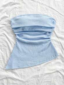Blusa ajustada con vuelo, escote tubo, textura azul, bajo asimétrico, abertura lateral, para vacaciones de la mujer - Azul - Ver 3