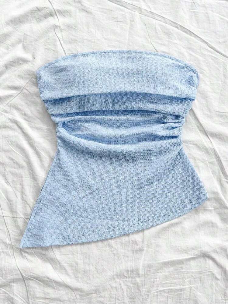 Blusa ajustada con vuelo, escote tubo, textura azul, bajo asimétrico, abertura lateral, para vacaciones de la mujer - Azul - Añade 3