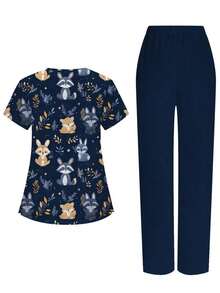 Conjunto de 2 piezas con top de manga corta con cuello en V blanco con bolsillo y diseño de oreja colgante, estampado de mariposa y flores, y pantalón recto para mujer, uniforme de enfermera de primavera/verano, conjunto casual, uniforme - Azul - Ver 4