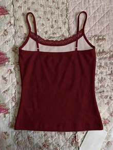 Camiseta de tirantes de mujer con bordado de perro salchicha, corazón y rayas con encaje de contraste - Multicolor 2 - Ver 2