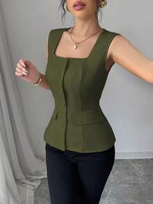 Blusa elegante de mujer con cuello cuadrado sin mangas, decoración con bolsillo falso, camisa ajustada de oficina, primavera/verano - Verde militar - Ver 3