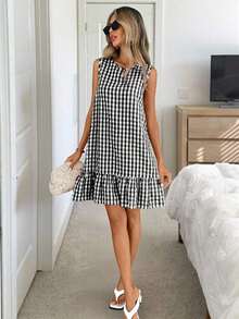 Vestido de verano estilo bohemio con cuello redondo sin mangas y corte evasé a dos colores a cuadros, vestido esencial para vacaciones y uso diario al aire libre - Blanco y Negro - Ver 5