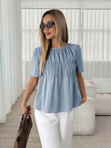 Camisa casual de mujer de unicolor, cuello redondo, manga corta y plisada - Azul - Ver 5