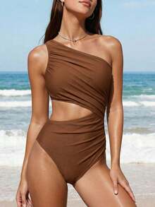 Swim 1 pieza Traje de baño de una pieza para mujer con diseño calado y fruncido en color liso - Marrón - Ver 3