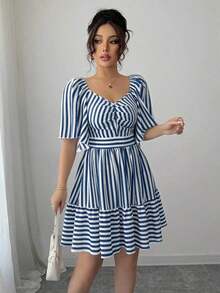 Elenzya Vestido de primavera y verano de talla media con rayas azules y blancas, manga corta, elegante y casual, con cintura ajustada para mujeres - Azul marino - Ver 6