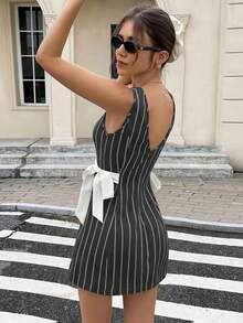 Vestido coreano de mujer con estampado de lunares, lazo y tirantes versátil y de moda - Gris - Ver 2