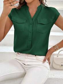 Camisa casual de mujer de unicolor con cuello en V, abotonadura sencilla y bolsillo - Verde Oscuro - Ver 1