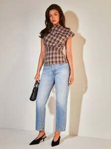 Blusa plisada con cuello para mujer, elegante para la oficina, artículo de moda versátil, adecuado para el trabajo, salidas casuales, fiestas, con estampado de cuadros marrones - Multicolor 2 - Ver 3