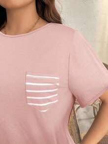 Camiseta casual de talla grande con bolsillo y rayas de contraste, prenda de vestir occidental estilo boho bohemio, top de festival de los 90, verano y primavera - Rosa - Ver 3