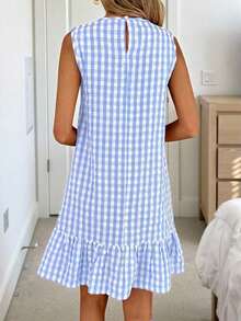 Vestido de verano estilo bohemio con cuello redondo sin mangas y corte evasé a dos colores a cuadros, vestido esencial para vacaciones y uso diario al aire libre - Azul y blanco - Ver 2