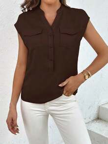 Camisa casual de mujer de unicolor con cuello en V, abotonadura sencilla y bolsillo - Café integral - Ver 5
