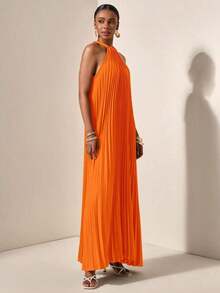 Vestido holgado de verano y primavera casual de vacaciones de cuello halter sin mangas con pliegues y bajo en A, color verde oscuro - vestido para mujer - Naranja - Ver 4