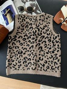1 pieza Chaleco de punto de mujer minimalista de unicolor con botón de metal suave, parte superior casual versátil, suéter de moda de cuello redondo - Marrón - Ver 2