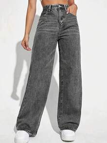 Women's Jeans Section: Women's Horseshoe-Shaped Barrel Jeans, Mid-Waist Wide-Leg Jeans, Loose Fit, Slim Tapered Leg Casual Jeans. - 灰色 - 查看 1