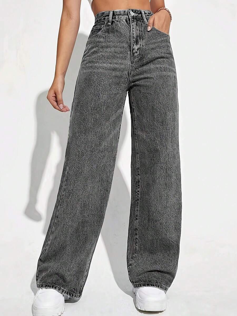 Women's Jeans Section: Women's Horseshoe-Shaped Barrel Jeans, Mid-Waist Wide-Leg Jeans, Loose Fit, Slim Tapered Leg Casual Jeans. - 灰色 - 查看 1