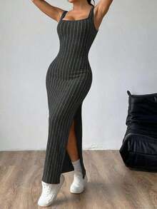 maxi informal sin mangas con abertura lateral, atuendo de mujer - Gris Oscuro - Ver 3