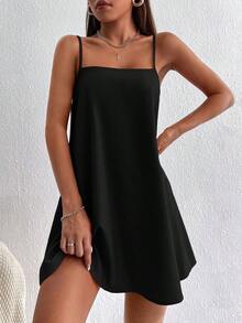Vestido informal suelto de un solo color para mujer - Negro - Ver 5