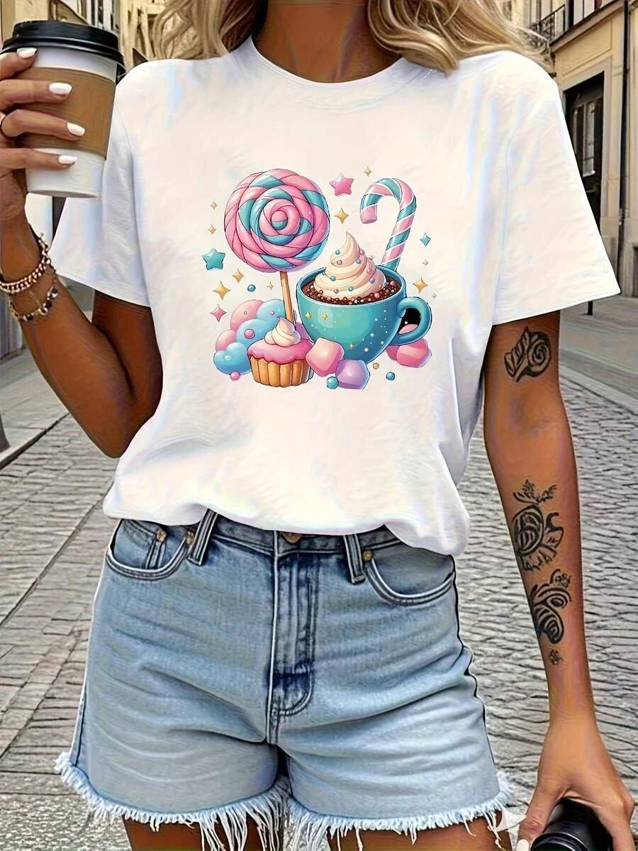 Camiseta de mujer, linda camiseta con estampado de caramelos para damas, con diseño de piruletas y cupcakes - colores pastel suaves, cuello redondo, camiseta casual blanca de manga corta, adecuada para fiestas navideñas - lavable a máquina, ropa para regalo, camiseta transpirable, textura suave, holgada y cómoda, moderna y versátil, material cómodo, camiseta básica, adecuada para todas las estaciones, un elemento esencial del guardarropa. ropa de calor mujer - Blanco - Ver 1