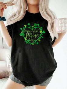 Camisetas 100% de algodón puro con diseño de trébol irlandés para el Día de San Patricio, cómodas y acogedoras para el verano, camisetas divertidas con estampados para mujer, adecuadas para primavera, verano y otoño. - Negro - Ver 7