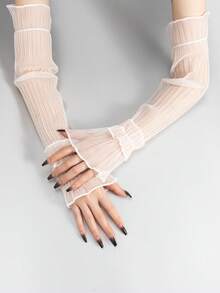 1 Pair Couture Style Ruched Solid Color Long Gloves, Suitable For Daily Wear - Beige - View 4