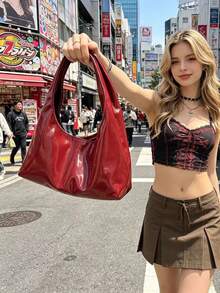 Women's Fashion Solid Color PU Leather Handbag, Versatile For Party, Street, Travel - Red - View 7