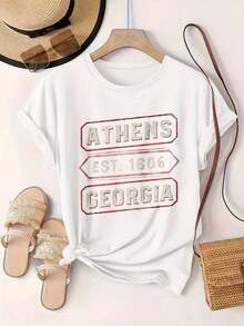 Camiseta Casual Estampada de Moda para Mujer Athens Est 1806 Georgia, Adecuada para Todas las Temporadas  
 -Blanco - Blanco - Ver 2