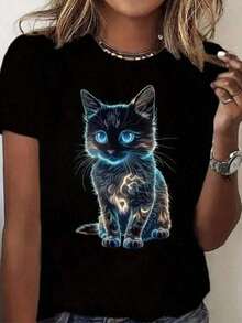 Camiseta de Cuello Redondo para Mujeres con Estampado de Gato Luminoso, Camiseta de Moda para Mujeres con Estampado de Gato Lindo, Camiseta de Manga Corta Casual, Blusa Promocional para Mujeres, Comodidad para Todas las EstacionesPure-Cotton - Negro - Ver 7