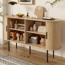 Modern MDF Sideboard With Roll-Up Doors, Aluminum Handles And Iron Legs – Versatile Storage Unit For Living Room, Dining Room And Modern Interiors - 自然色 - 查看 6