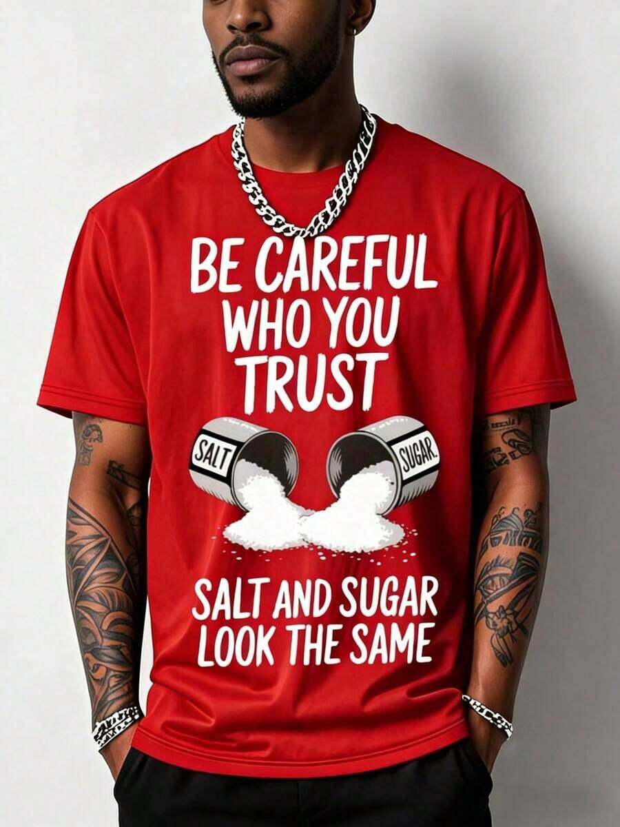 Men's Funny Gym T-Shirt With "Salt & Sugar Trust" Graphic Print - 200g Heavyweight Cotton, Loose Fit, Breathable, Short Sleeve, Crew Neck, Casual And Sporty Summer T-Shirt - Salt Shaker Design For Salt Lovers (Machine Washable) - Black With White Salt Crystal Print, Loose Fit T-Shirt For Outdoor Fitness, Geometric Pattern, Adult Men's Fashion, Humorous Salt-Themed Design - 紅色 - 查看 1