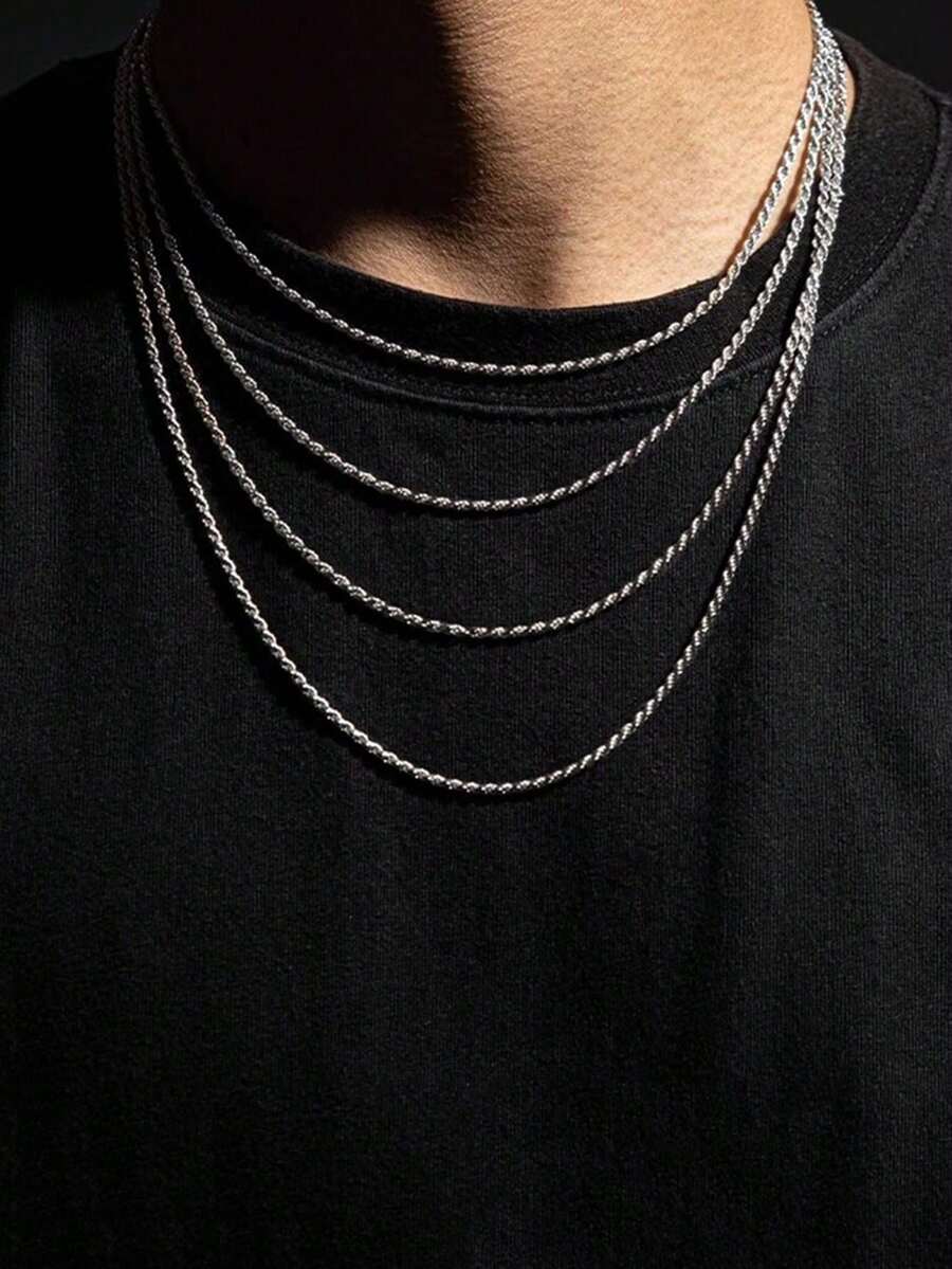 1pc Minimalist Stainless Steel Twisted Chain Necklace, Unique Design Suitable For Men's Daily Wear - Silver - View 1