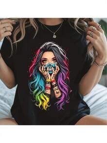 Camiseta de mujer con estampado de anime de almacén local - Personaje de manga gótico kawaii con pelo azul y mechas rosas, camiseta casual negra de cuello redondo y manga corta, ajuste holgado para fiestas y uso diario (lavable a máquina) - Ropa de mujer - Blanco - Ver 6