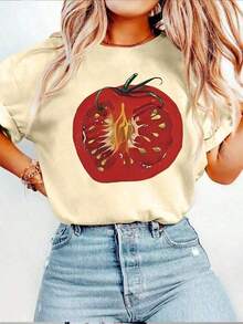 Casual Short Sleeve T-Shirt With Round Neck And Tomato Print, Women's Summer Top, Casual Cotton T-Shirt For Summer Vacation, 100% Cotton - 杏色 - 查看 7