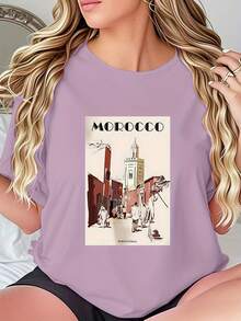 Limited Edition Women's T-Shirt With Moroccan Street Scene Print - Casual Breathable Crew Neck Design, Travel Inspired, Machine Washable, Comfortable Fit, Stylish Top, Medium Stretch Fabric, Modern Style, Comfortable Material, Printed Top, Excellent Gift Choice, Lightweight Cotton. - 淺 - 查看 12