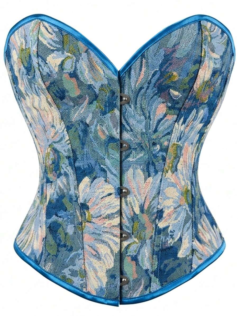 Áo camisole hở lưng buộc dây in hoa cỡ lớn, thích hợp cho tiệc năm mới, ngày Valentine, lễ hội, áo corset, váy lễ Phục sinh, trang phục Halloween, phong cách vintage mùa hè. - Màu xanh lam - Xem 1