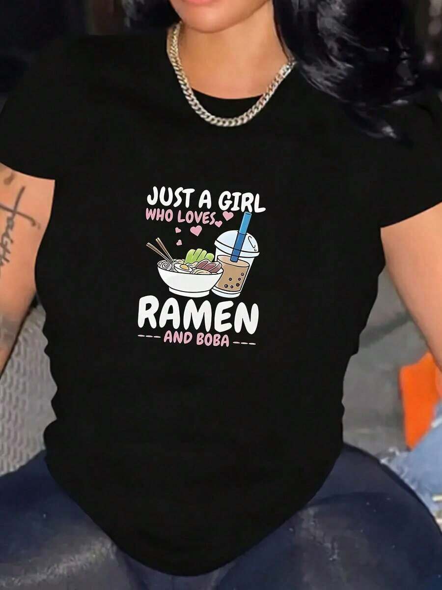 Camiseta de Mujer con Estampado Gráfico a la Moda - Top Casual de Manga Corta y Cuello Redondo - Ligera y Transpirable, Perfecta para el Guardarropa de Primavera y Verano - Fácil de Combinar - Negro - Ver 1