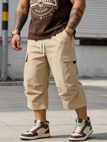 Pantalones cortos casuales de unicolor para hombre de talla grande con bolsillos, pantalones casuales rectos y sueltos para hombre de talla grande, pantalones de talla grande para hombre, pantalones deportivos sueltos de color negro, pantalones deportivos para hombre, pantalones cortos para hombre, regalo para el esposo - Caqui - Ver 3