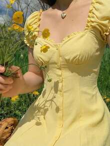 MOD Vestido camisa con botones de concha bordados en azul claro - Amarillo - Ver 12