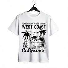 Tops para mujer de algodón de longitud regular, casual y linda para mujer, con diseño de Sunset Beach, Los Ángeles, Oeste de California, cuello redondo y manga corta, para verano. Ropa de verano para mujer, ropa de vacaciones para mujer, tops para mujer, tops y conjuntos de verano, ropa de verano, regalos de cumpleaños, regalos para la Copa Mundial 2026. - Blanco - Ver 7