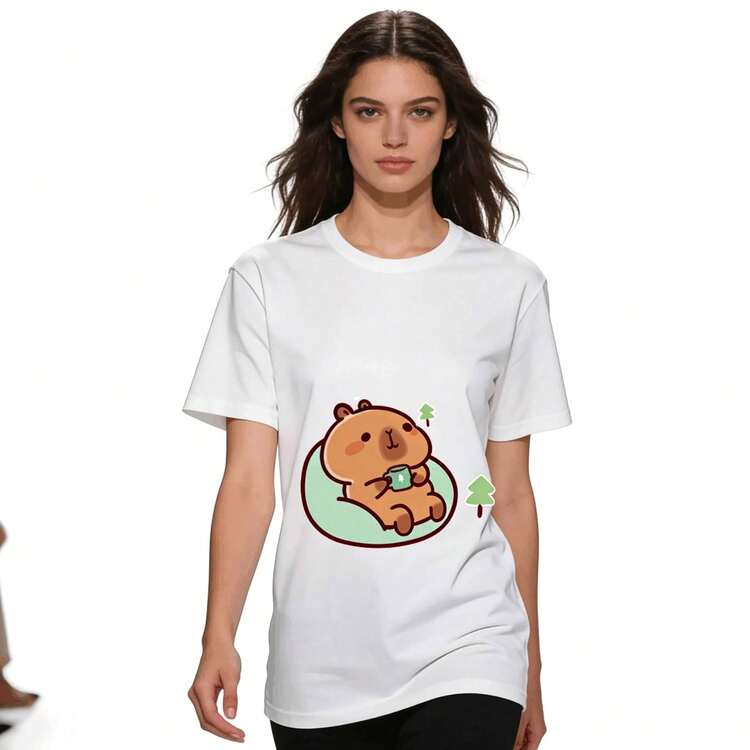 Tops para mujer Casual y Linda de Algodón para Mujer, Manga Corta, Cuello Redondo, con Estampado de Capibara y Oso, Ropa de Verano para Mujer, Ropa de Vacaciones para Mujer, Blusas para Mujer, Blusas de Verano, Conjuntos de Verano, Ropa de Verano, Regalos de Pascua - Blanco - Añade 2