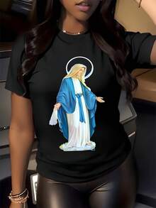Sacred Figure In A Blue Robe And Luminous Cloak Conveying Serenity, Purity, And Hope In Every Detail. Elegant, Casual, And Comfortable Women's T-Shirt For Everyday Wear. - 黑色 - 查看 8