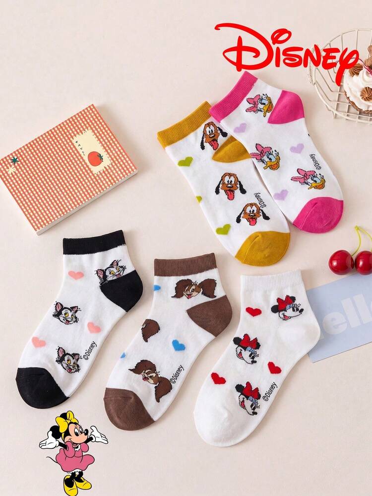 Disney 10/5/1 双迪士尼卡通短袜礼品，夏季女袜米妮印花袜，迪士尼船袜米妮、黛西、奇奇和蒂蒂，舒适透气时尚女袜，可爱少女风透气百搭白色袜子 - 彩色 - 查看 7