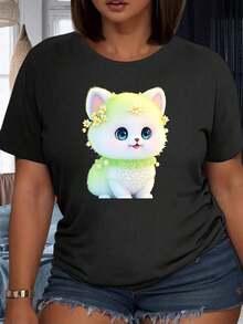 Camiseta de diseño con gatito lindo, flores y collar de perlas para mujer, ropa casual de verano, top de algodón blanco, atuendo de fiesta, 220g, 100% algodón.ropa de calor mujer - Negro - Ver 1
