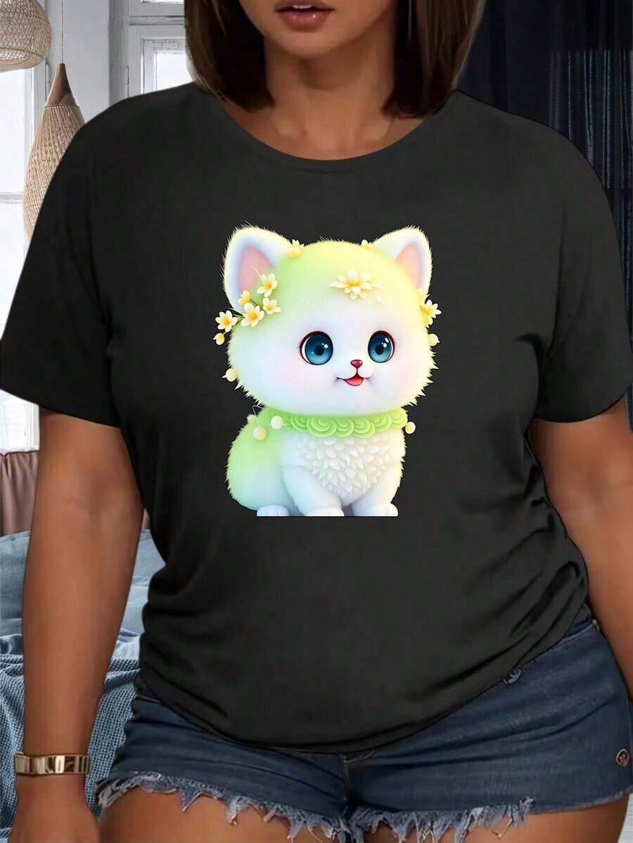 Camiseta de diseño con gatito lindo, flores y collar de perlas para mujer, ropa casual de verano, top de algodón blanco, atuendo de fiesta, 220g, 100% algodón.ropa de calor mujer - Negro - Ver 1