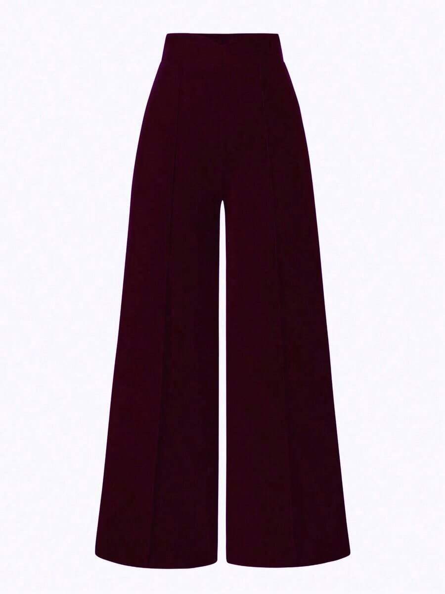 Pantalones de pierna ancha de cintura alta de unicolor para mujer, adecuados para el uso diario - Burdeos - Ver 1